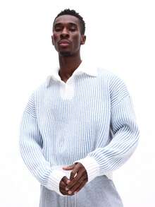 SUMWON 男士条纹针织 Polo 衫，罗纹质感，长袖圆领套头衫，冬季毛衣，休闲舒适纯色 - 藍白色 - 查看 4