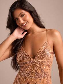Enchnt Premium Summer Romantic Women's Brown Beaded Decor Short Camisole Dress,Party Dress,Wedding Guest,Luxury Evening Dress,Vacation Outfits - Brown - View 3