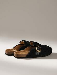 Solecia Women's Flat Slip-On Casual Shoes, Plush Fashion Versatile Comfortable Half-Covered Mules, Champagne Color Metal Buckle, Autumn/Winter For Christmas - Black - View 5