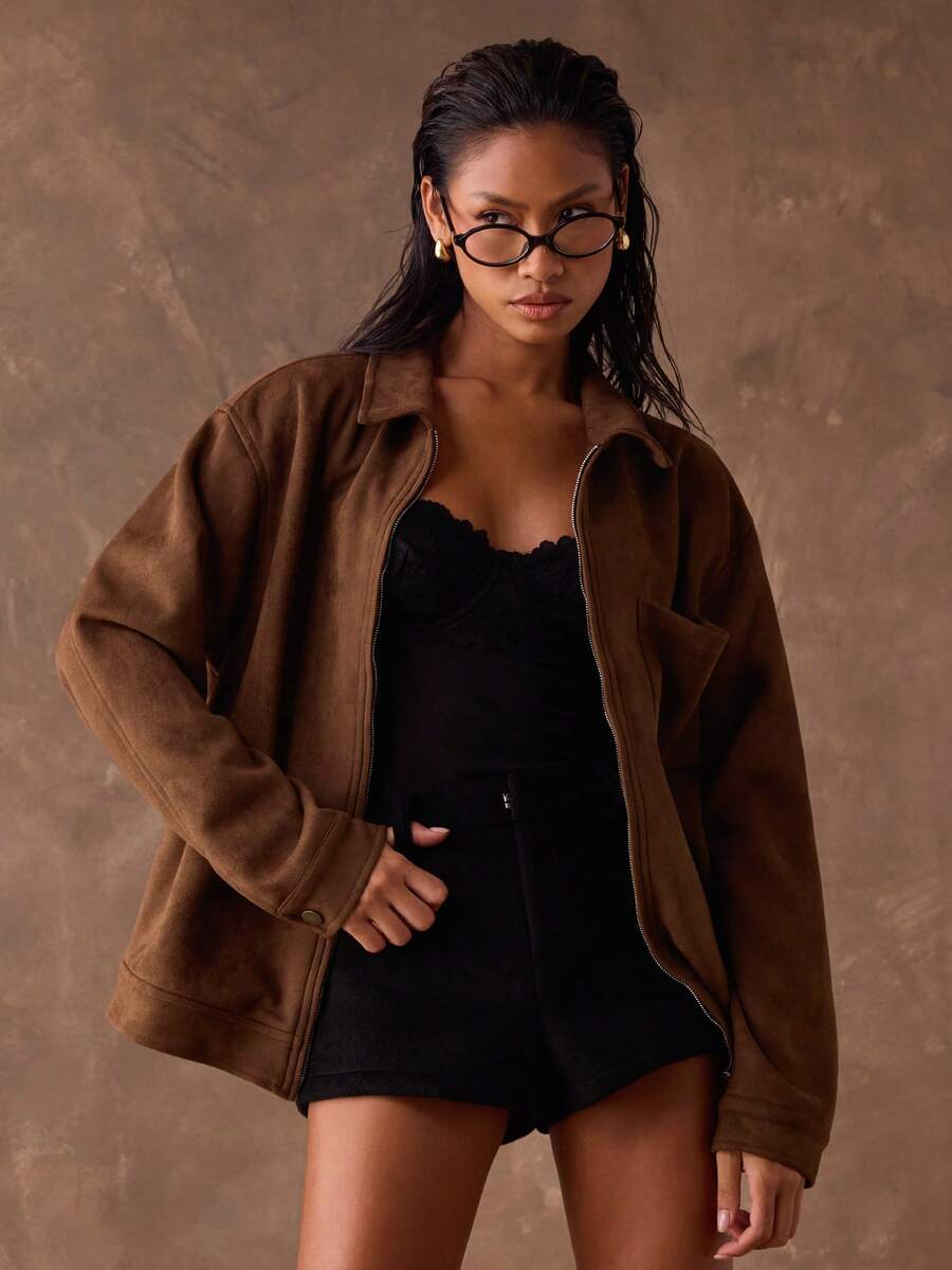 SHEIN BAE 时尚百搭复古纯色立领简约夹克 - 咖啡棕 - 查看 1