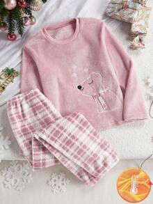 Girls 2 Pieces Pajama Set, Pink Polar Bear Embroidery Plush Long Sleeve Top And Pink Plaid Pants, Autumn Casual Sleep Lounge Set Winter Pj Set For Tween Girl - Multicolor - View 4