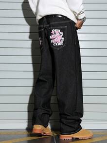 PAVTROS Casual Street Style Black Loose Straight Leg Jeans, Autumn/Winter Mens Graphic Jeans Graphic Baggy Jeans - Black - View 6