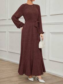 Mulvari Women's Extra Long Conservative Knitted Fleece Elegant Crew Neck Pullover Dress, Suitable For Everyday Wear In Autumn/Winter - Brown - View 6