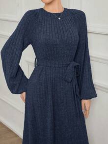 Mulvari 女士加长款保守针织抓绒优雅圆领套头连衣裙，适合日常穿着，秋冬季 - 藏蓝色 - 查看 7