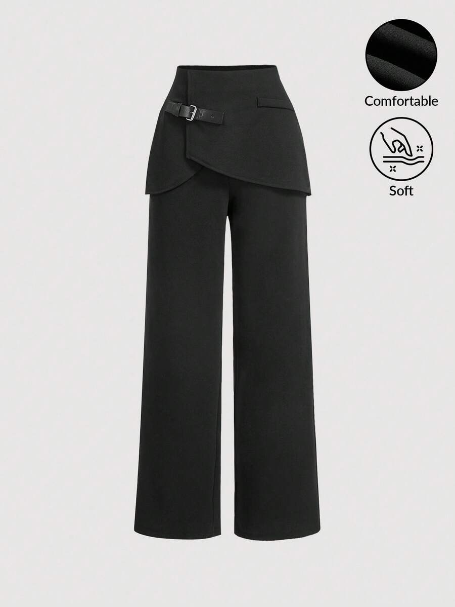 SHEIN MOD 女式二合一裤子，皮革扣饰，黑色直筒裤，返校季，黑色正装裤，秋季裤