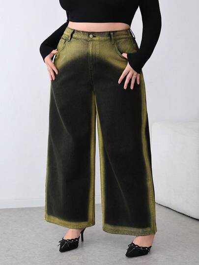 SHEIN PETITE CURVE Spring/Summer Plus Size Women High Waist Contrast Color Pocket Wide Leg Loose Casual Jeans