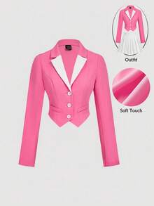 SHEIN MOD 女士休闲粉白撞色单排扣西装外套，秋冬季，圣诞节、新年、感恩节等场合皆宜，粉色西装外套，学院风，优雅，冬季外套，时尚系列，长袖 - 粉色 - 查看 1