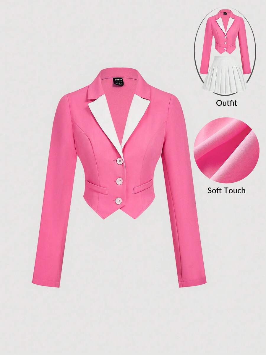 SHEIN MOD 女士休闲粉白撞色单排扣西装外套，秋冬季，圣诞节、新年、感恩节等场合皆宜，粉色西装外套，学院风，优雅，冬季外套，时尚系列，长袖 - 粉色 - 查看 1