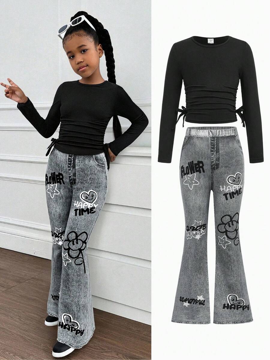Bộ quần ống loe denim giả cho bé gái tuổi teen, thường ngày, giản dị, đường phố, màu đen, dài tay bó sát - màu đen - Xem 1