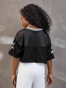 Coolane Kids Tween Girls Spring/Summer/Fall/Winter V-Neck Mesh Fabric Letter & Number Print Loose Cropped T-Shirt