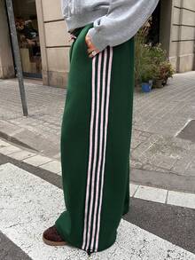 SHEIN EZwear Plus Size Women Casual Striped Patchwork Side Drawstring Waist Sweatpants, Autumn - Green - View 5