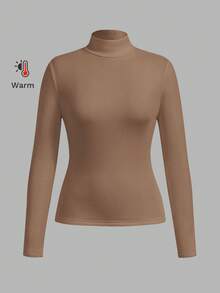 SHEIN BASICS 秋冬季基础款高领修身长袖纯色女式上衣，升级保暖内衬面料，时尚休闲舒适，百搭不臃肿 - 駝色 - 查看 8