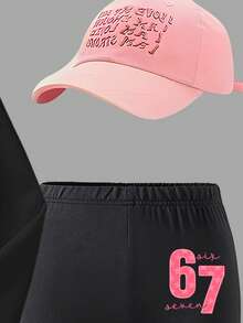 Sparklyn 2pcs/Set, Girls 67 Star & Rope Print Crew Neck Sweatshirt And Leggings Set, Long Sleeve Top, Suitable For Autumn/Winter - Black - View 5