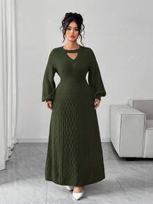 Elenzga Plus Size Elegant Delicate Hollow V-Neck Sweater Dress
