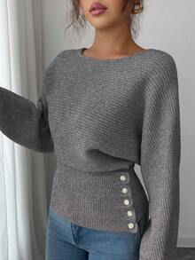 Elenzga Women's New Autumn/Winter Single-Piece Design Batwing Sleeve High-End Buttoned Minimalist Everyday Knit Long Sleeve Top - Dark Grey - View 6