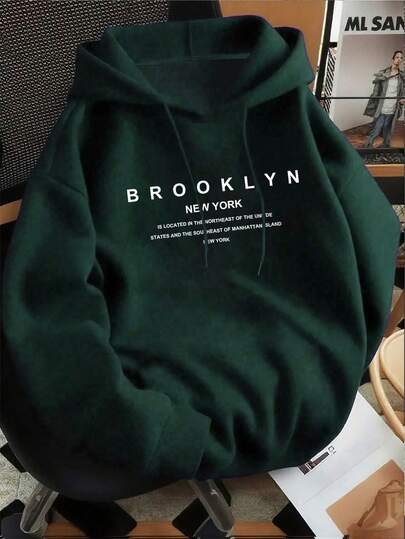 Manfinity Dauomo 加大码男士休闲字母印花宽松抽绳连帽衫，秋季款