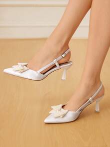 CUCCOO HITCHD Women's Pink Lace Pointed Toe Backless Pearl Bow Net Mesh High Heel Shoes For Christmas - White - View 2