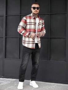Manfinity CasualCool 男士休閒格紋前扣長袖襯衫，秋季法蘭絨男士必備單品，送禮街頭穿搭襯衫外套 - 彩色 - 查看 4