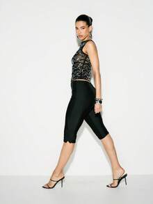 KIZN 女士高光泽七分紧身裤，中筒长度，弹力亮面黑色运动紧身裤 - 黑色 - 查看 3