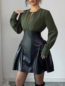 Elenzga Women's Elegant Minimalist Vintage Chic Party Cocktail Dress, High-End Color Blocking Design, Cinched Waist A-Line Long Sleeve Mini Dress, Military Green - Army Green - View 5