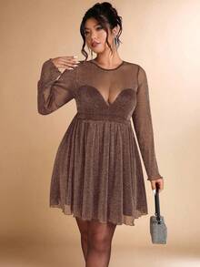 Allurite Váy dự tiệc chữ A lấp lánh mùa thu/đông cỡ lớn dành cho nữ, thích hợp cho tiệc tối, tụ tập, tiệc tùng - Cà phê nâu - Xem 7