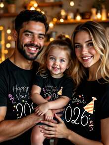 Manfinity Homme T-shirt standard noir à manches courtes pour hommes, T-shirt motif 2026 mignon, convient pour les rassemblements familiaux