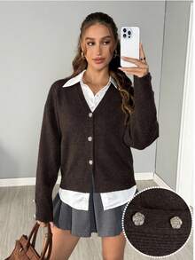 SHEIN LUNE Novo suéter cardigan estilo coreano de outono/inverno com decote em V e cor sólida, elegante e versátil para mulheres