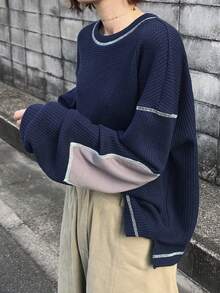 FRIFUL 女士撞色圆领落肩长袖撞色明线装饰休闲宽松百搭T恤，秋冬款 - 藍色 - 查看 4