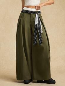 Easelle Casual Vintage Women's High Waist Pleated Wide Leg Loose Casual Pants Color Blocking Double Waistband Design Green  Bohemia Bohe Chic  Summer - Army Green - View 3