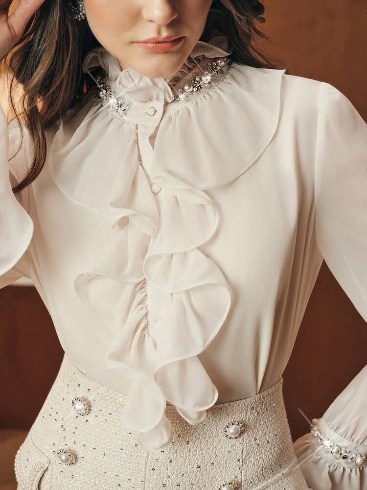 Vintage French Court Style Beaded Collar Blouse For Women, High-End Elegant Ruffled Flare Sleeve Top