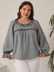 EMERY ROSE 大码女式荷叶边领格子长袖宽松衬衫，秋冬款，外出穿着，2025新款，简约时尚，适合日常穿着，大码冬季款，感恩节女装 - 黑與白 - 查看 6