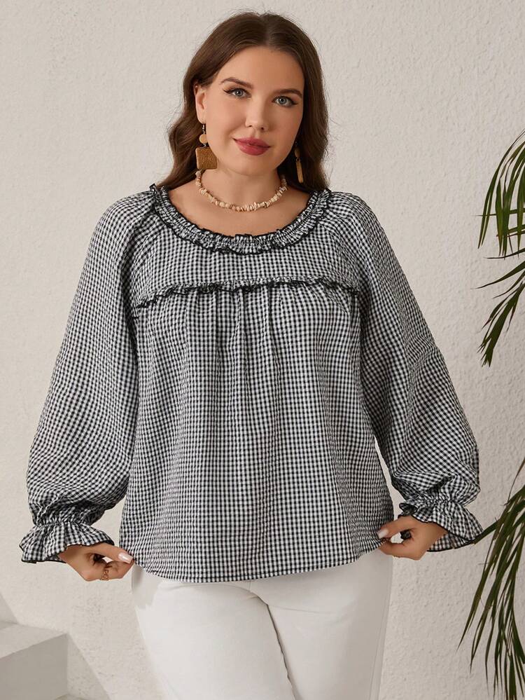 Blusa holgada de manga larga con cuello de volantes a cuadros para mujer de talla grande, para otoño/invierno, salir, nueva colección 2025, simple y de moda para uso diario, talla grande para invierno, Acción de Gracias para mujeres