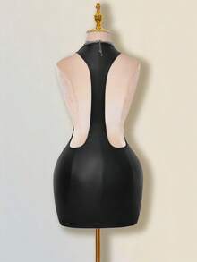 SHEIN ICON 纯色交叉露背性感休闲迷你连衣裙 - 黑色 - 查看 2