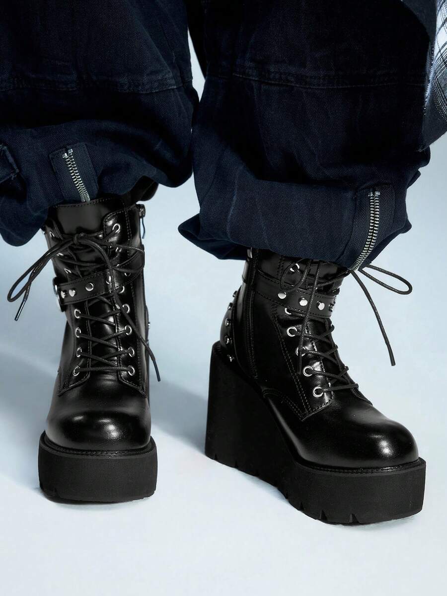 Sugerpunk Botas de tobillo casuales con diseño de hebilla y tacón de cuña para mujer - Negro - Ver 1