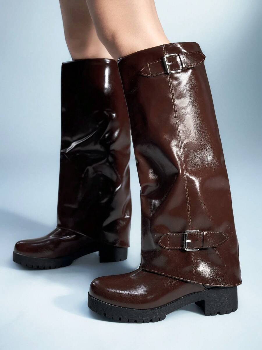 Sugerpunk Women's Buckle Design Fashion Everyday Versatile Knee-High Boots For Christmas - Brown - View 1