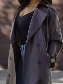 SAYEHFBABY Damen Regular Fit Kunstleder Jacke mit Kontrastlappenbesatz, Bindegürtel und Taille für Herbst/Winter - Kaffeebraun - Übersicht 6
