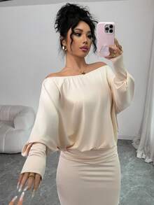 Elenzga Đầm Maxi Dài Tay Hở Vai Dáng Rộng, Eo Thon, Viền Đuôi Cá, Màu Trơn, Thanh Lịch, Thời Trang, Thoải Mái, Quyến Rũ, Phong Cách Retro Tối Giản Cao Cấp Lãng Mạn Cho Nữ - Màu be - Xem 10