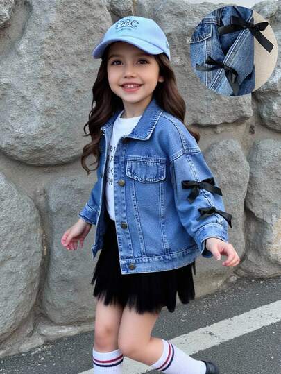 SHEIN 少女黑色蝴蝶结装饰蓝色牛仔翻领长袖外套