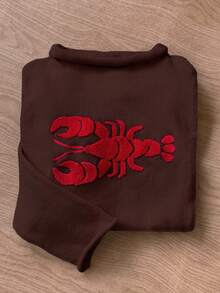 SHEIN Unity 女士Y2K休闲宽松袖口针织毛衣，饰有龙虾刺绣图案 - 咖啡棕 - 查看 3