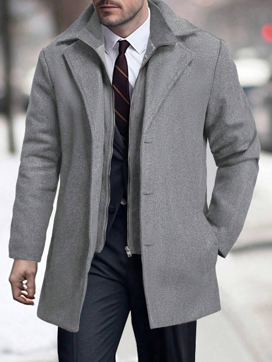 Manfinity Mode Áo khoác len pha trộn dài tay màu trơn thường ngày dành cho nam, cài hai hàng khuy, Thu/Đông - Màu Xám nhạt - Xem 1