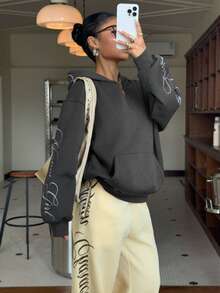 Muchica Áo nỉ dệt kim màu xám tro với thêu chữ, áo nỉ dài tay kiểu dáng thường ngày, áo nỉ in hình dành cho nữ, áo nỉ nữ phong cách Y2K, áo nỉ tùy chỉnh màu xám. - Màu xám đen - Xem 5