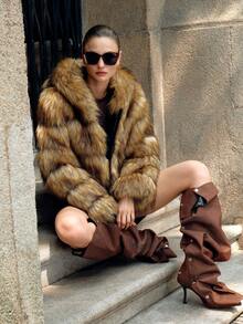 Anewsta Women's Elegant Ombre Leopard Print Faux Fur Hooded Short Jacket - Multicolor - View 3