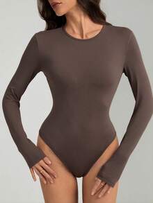 SHEIN Tall Solid Slim Fit Spring Women Bodysuit - Coffee Brown - View 6