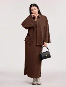 Veilorie 2 pièces Veste à simple boutonnage à manches longues de couleur unie et robe ample sans bretelles, ensemble 2 pièces automne pour femmes - Marron - Voir 3