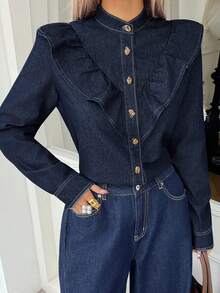 Livesso Women's Casual Denim Top With Ruffle Hem, Autumn/Winter Long Sleeve
