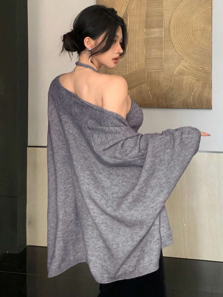 Women's Casual Solid Color Halter Neck Cardigan Sweater Two Pieces Set, Autumn/Winter