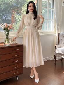 DAZY Women's Elegant Solid Color Tie Collar Puff Sleeve Mid-Length Dress, Autumn/Winter - Apricot - View 4