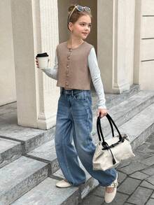 SHEIN Serisse Kids 青少年女孩純色休閒短版針織背心開襟外套，金屬鈕扣款夾克，女孩毛衣開襟衫 - 卡其色 - 查看 8