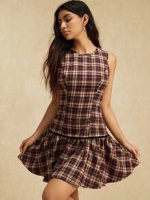 Easelle 棕色格子编织迷你连衣裙（女款） - 棕色 - 查看 8