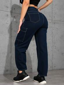 Pantalones cargo holgados con múltiples bolsillos, diseño relajado y versátil, tejido estructurado y con personalidad - Azul lavado oscuro - Ver 2